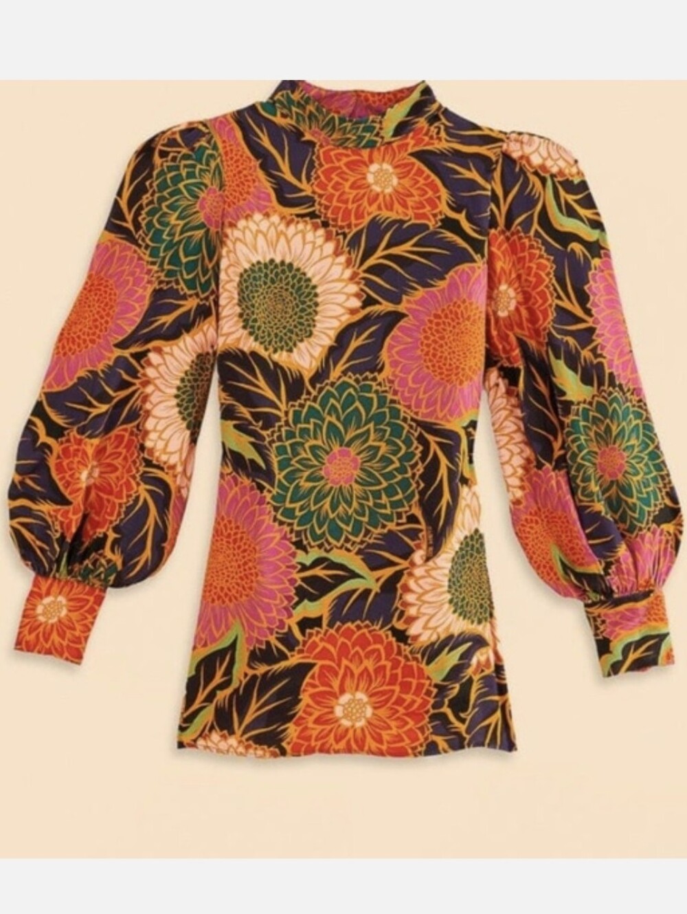 Farm Rio Anthropologie Vintage Garden Floral Balloon Sleeve Satin  Blouse - Picture 2 of 16